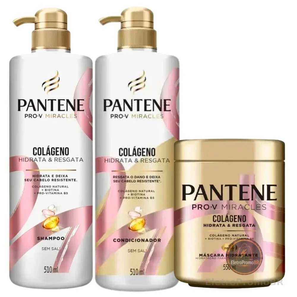 Kit Pantene Shampoo 510ml, Condicionador 510ml e Máscara Colágeno 550ml