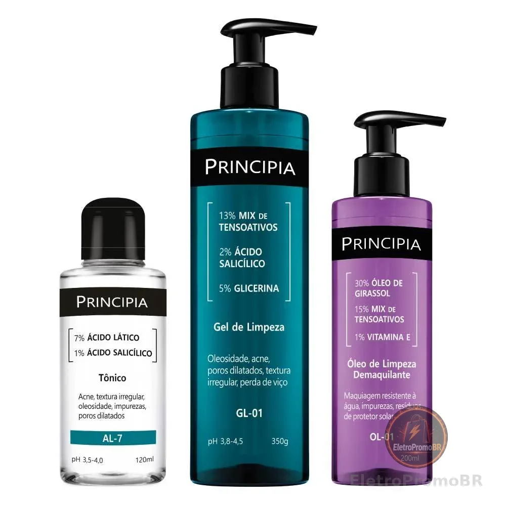 Principia Kit trio Limpeza avançada- Tônico AL-7 + Oleo de limpeza OL-01 + Gel de limpeza GL-01