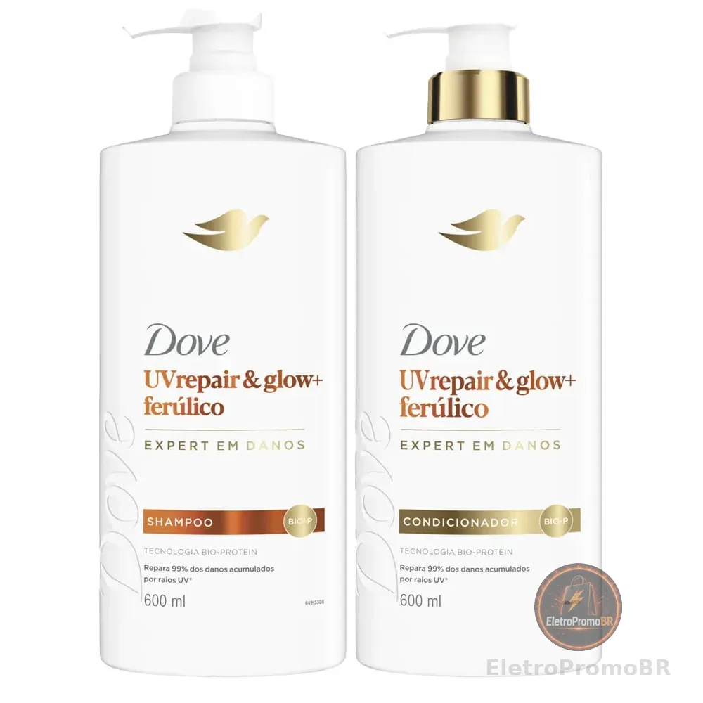 Kit Dove Shampoo 600ml + Condicionador 600ml Uv Repair & Glow + Ferúlico
