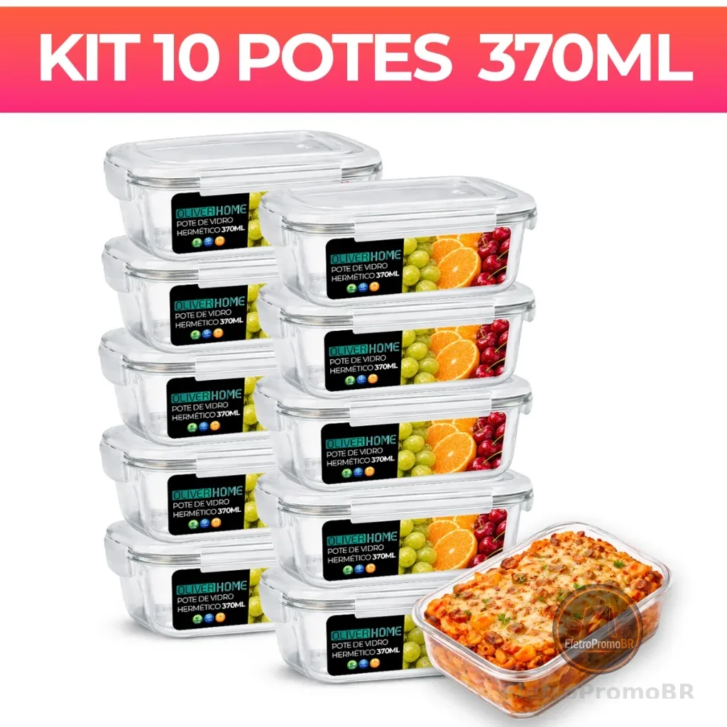 kit 10 ou 5 ou 3  Potes de Vidro 370ml Hermético Marmita Fit com Tampa 4 Travas OliverHome
