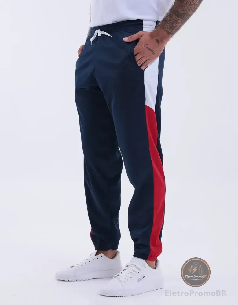 Calça Moletom Masculina Academia Corrida Slim Chimpa Esporte Azul-marinho Chimpa (recorte Lateral Vermelho) P