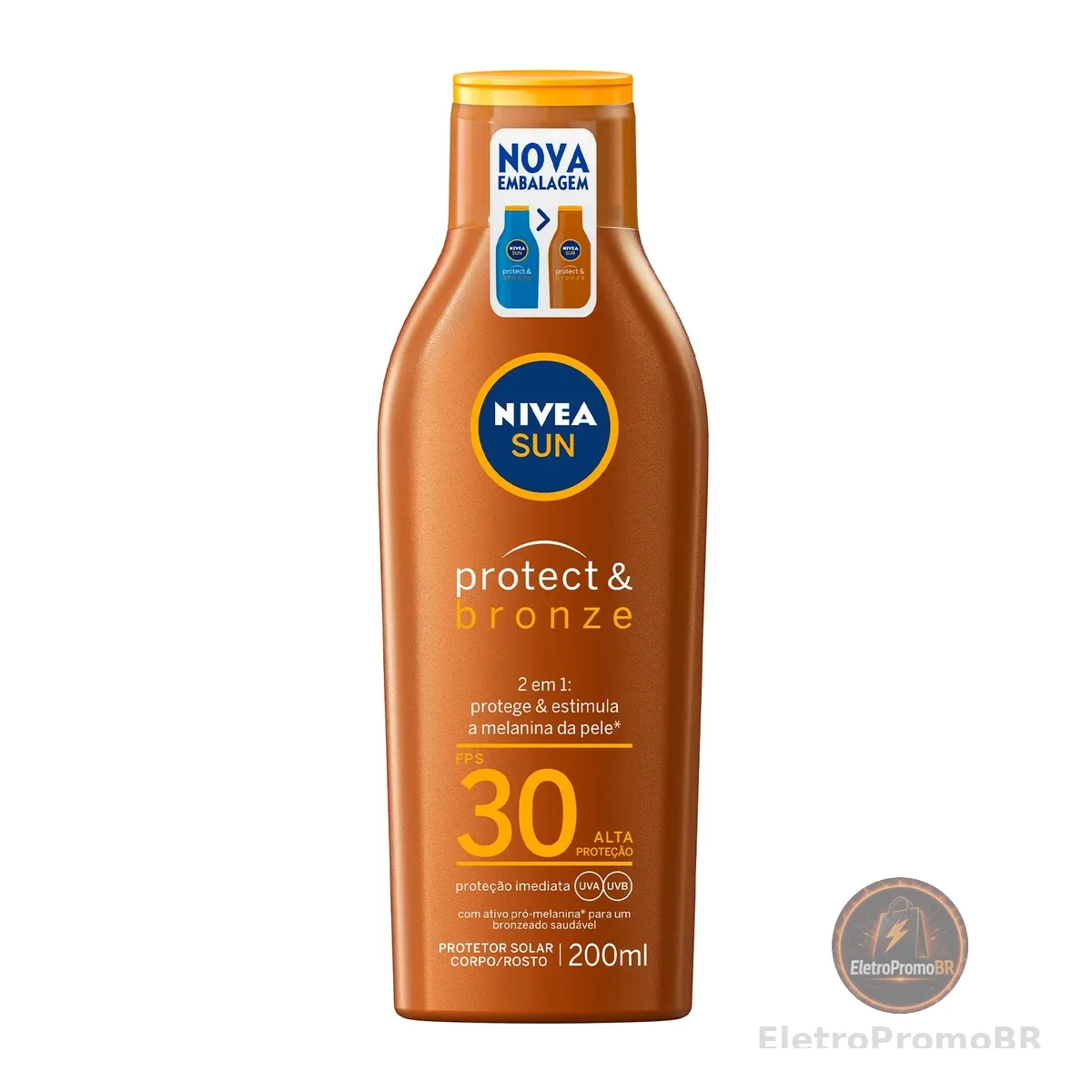 NIVEA SUN Protetor Solar Protect & Bronze FPS 30 200ml - Com ativo de pró melanina, resistente à água, protege dos raios UVA/UVB, ajuda a manter a cor bonita e uniforme por mais tempo