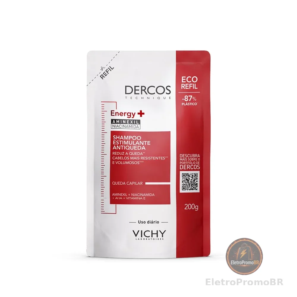 Vichy Dercos Energy+ Refil Shampoo Antiqueda Estimulante com Aminexil 1.5%, Niacinamida e Vitamina E, +47% Fios Fortalecidos e +19% de Densidade Capilar, 200g