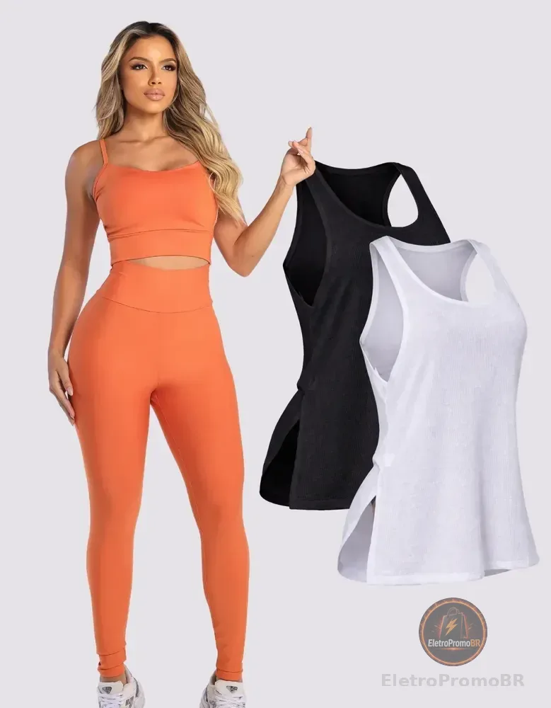 Kit Conjunto Fitnes Feminino Legging + Top + Regata Academia Laranja M