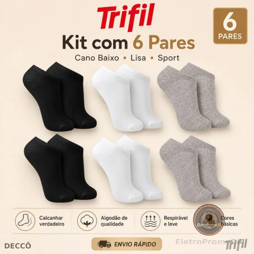 Kit 6 Pares Meia Trifil Cano Curto Esportiva Lisa Moderna Básica Algodão Calcanhar Verdadeiro