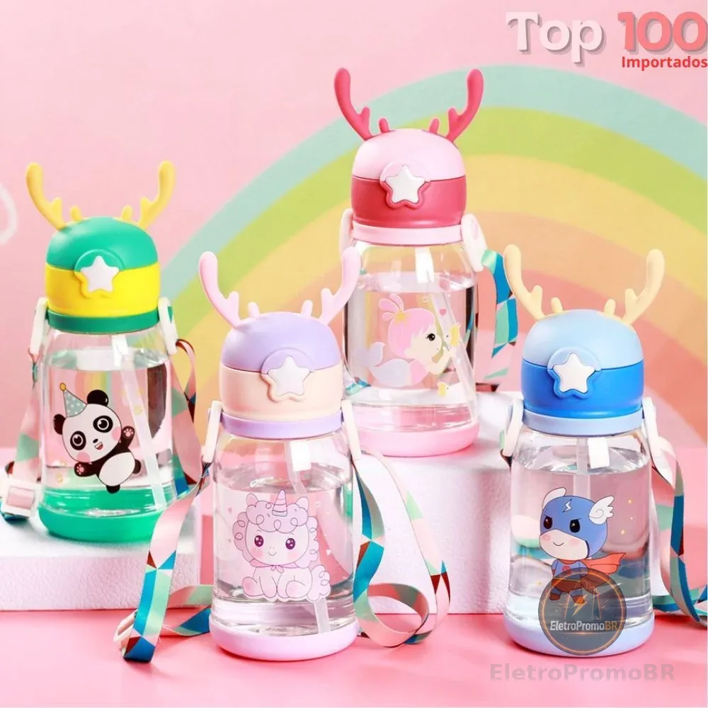 Garrafas De Alce Água Portáti Infantil 600ml Com Canudo e Cordão Desenho Multicolorido Para Meninas ou Meninos