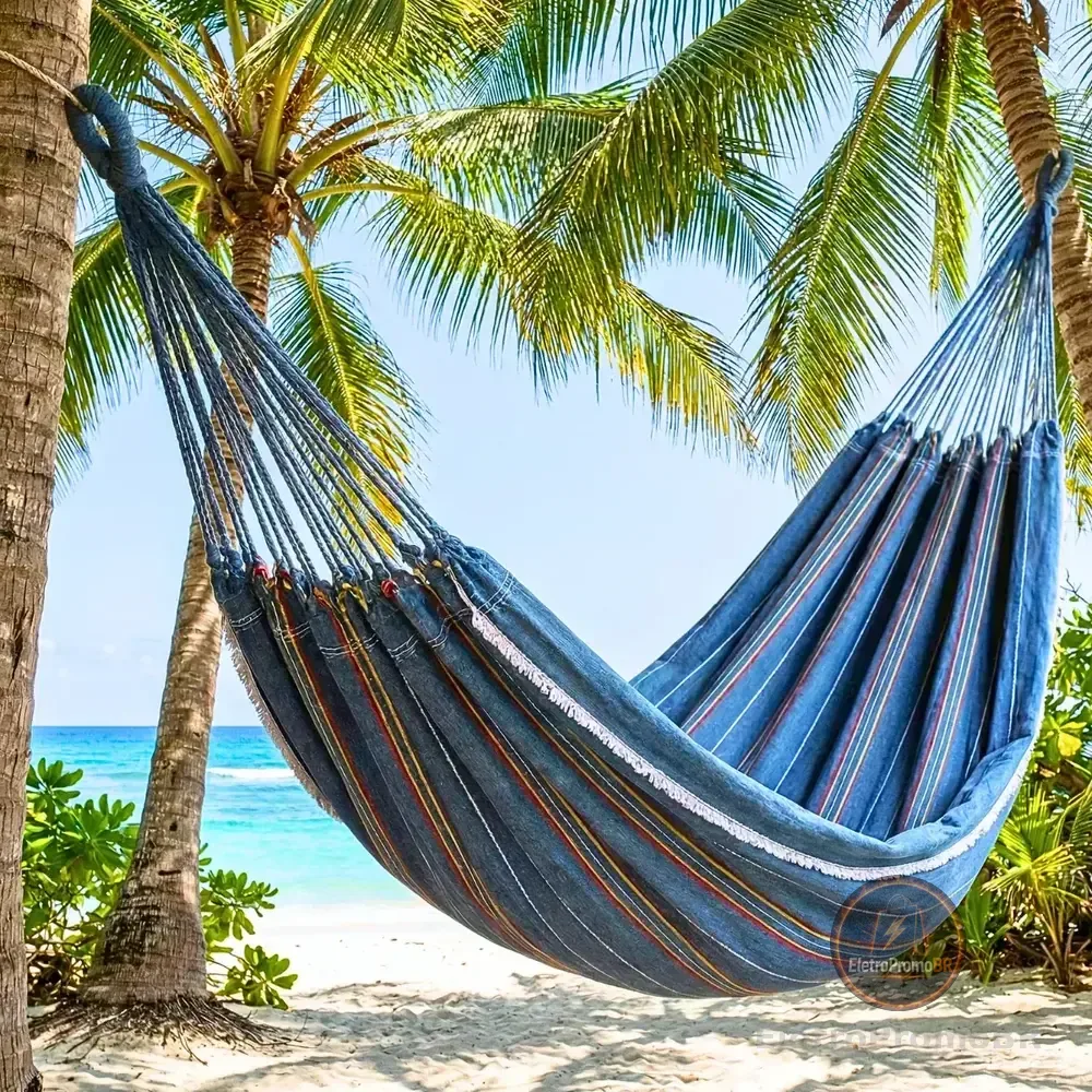 Rede De Descanso Dormir Cinza Listrado Algodão Jeans Horizon Cinza Liso