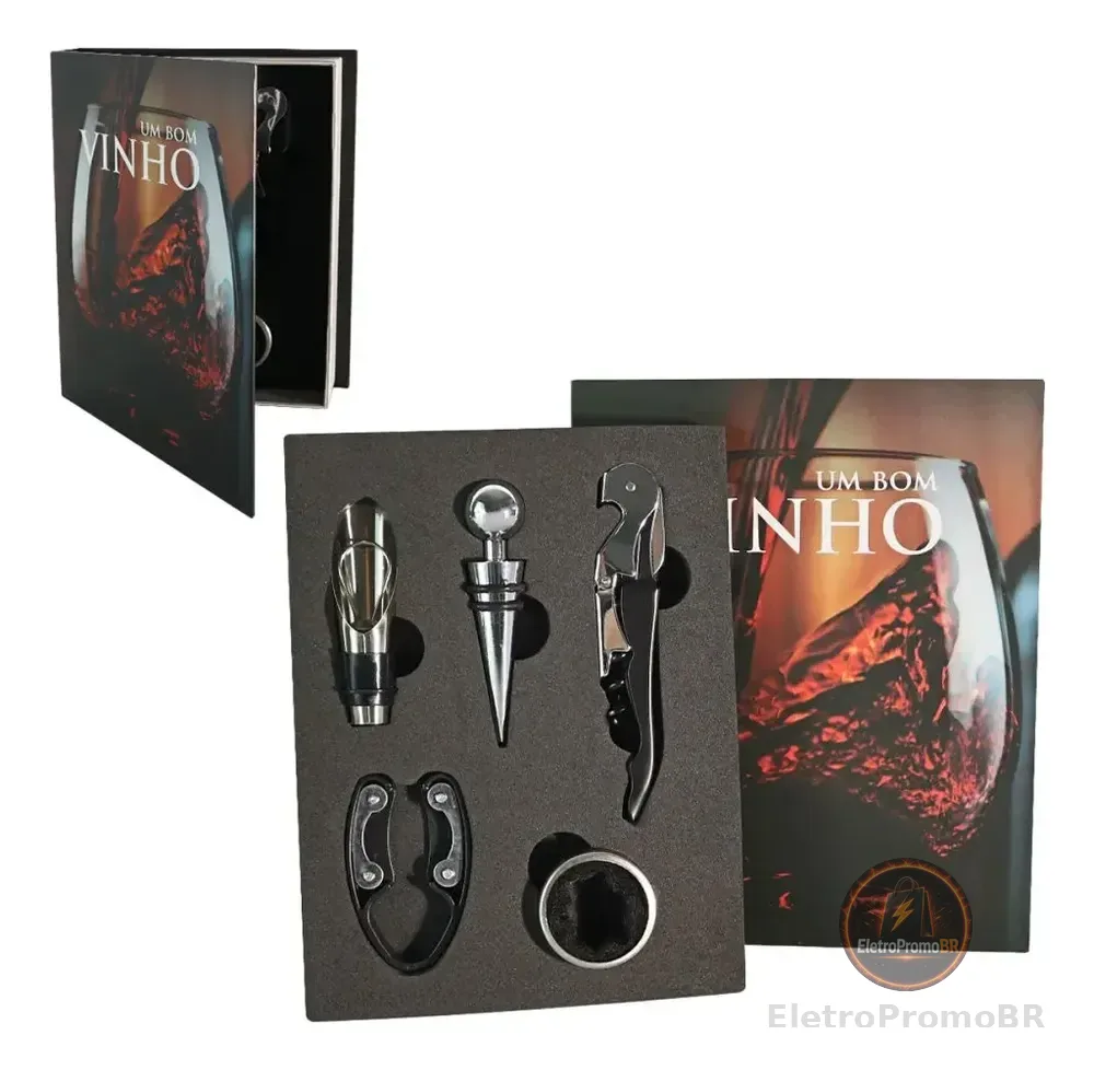 Kit Vinho 5 Peças: Abridor, Dosador, Saca Rolhas E Tampa