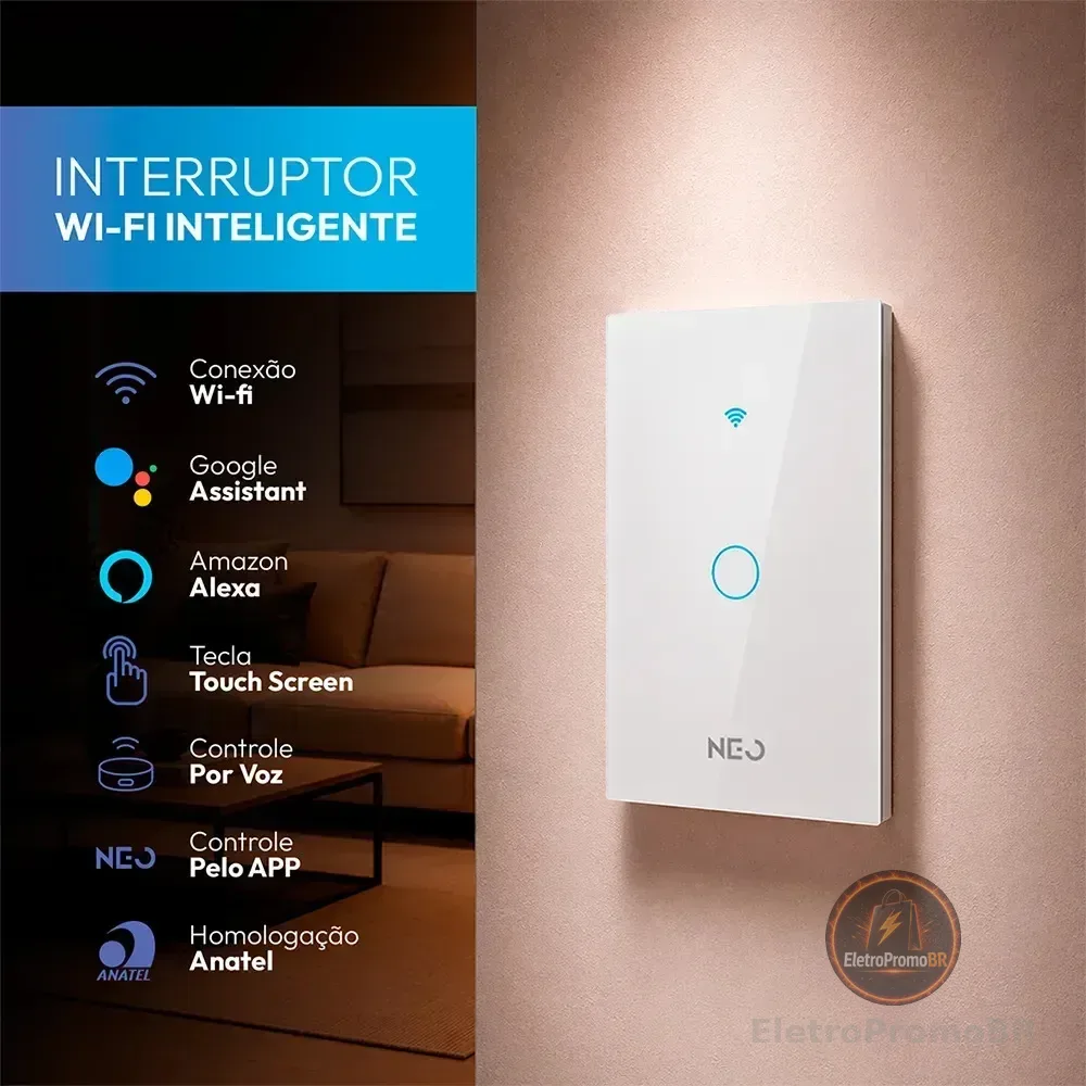 Interruptor Smart Inteligente Wi-fi 2.4 GHz Alexa google 1 Botão 4x2 Bivolt Branco Cod: 291990356 Neo Avant