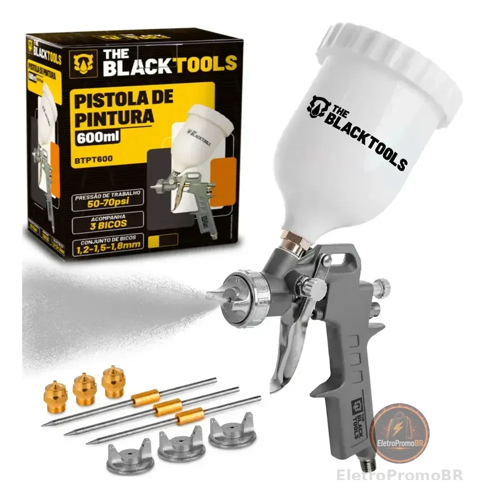 Pistola Pintura Gravidade 600ml 3 Bicos 1.2 1.5 1.8 Btpt600 Profissional The Black Tools