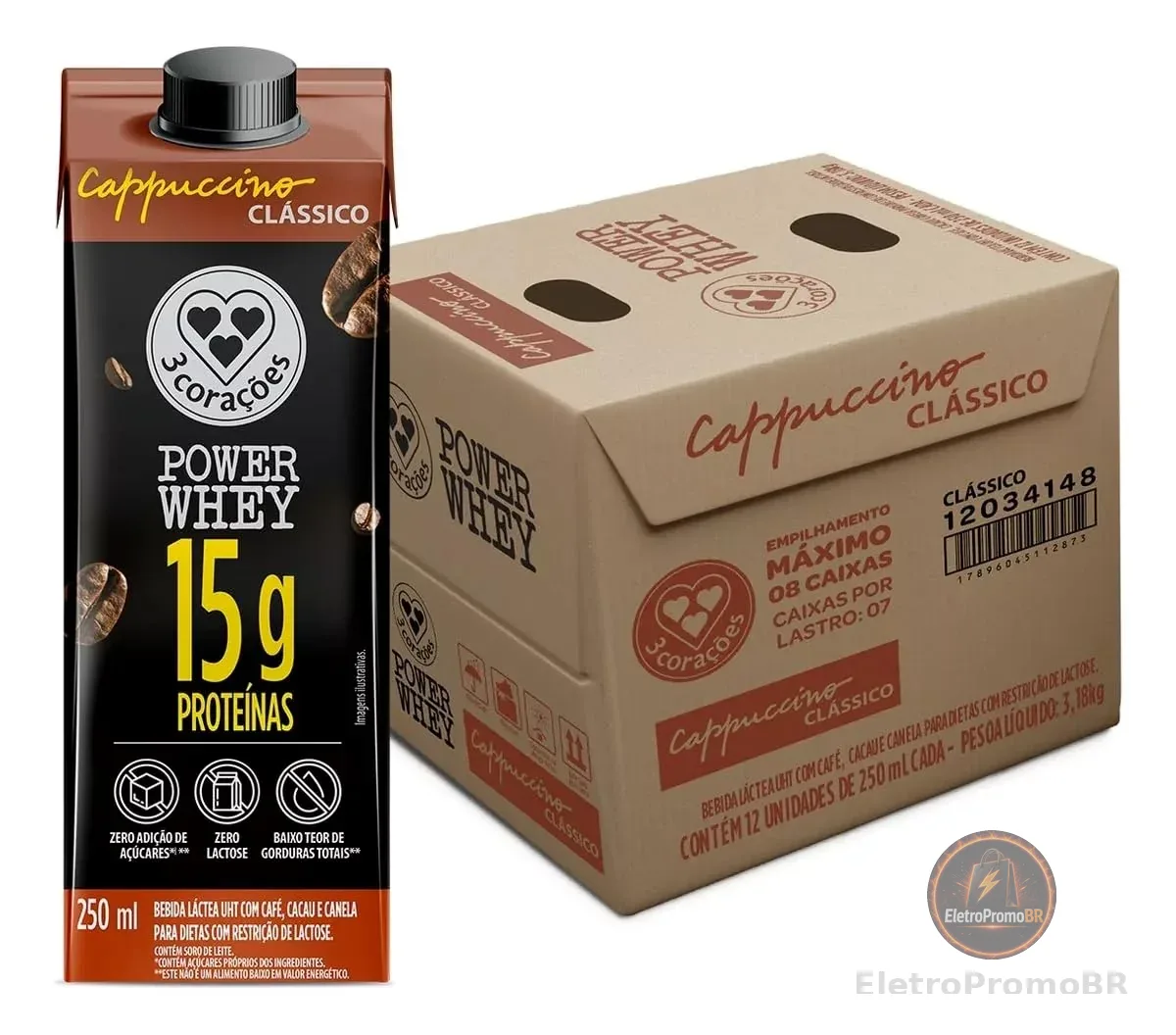 3 Corações Bebida Láctea Cappuccino Power Whey Clássico 15g de Proteína com Cafeína 250ml - 12 unidades