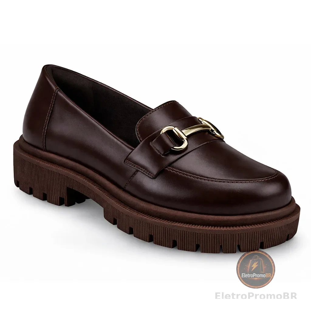 Mocassim Feminino Tratorado Bico Redondo com Enfeite Corrente ABS 026-005