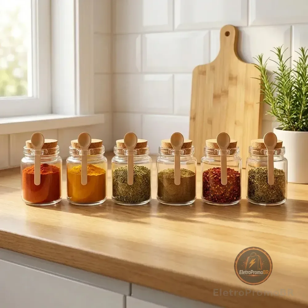 6 Potes Para Temperos Grande Vidro Com Colher De Bambu 240ml Transparente
