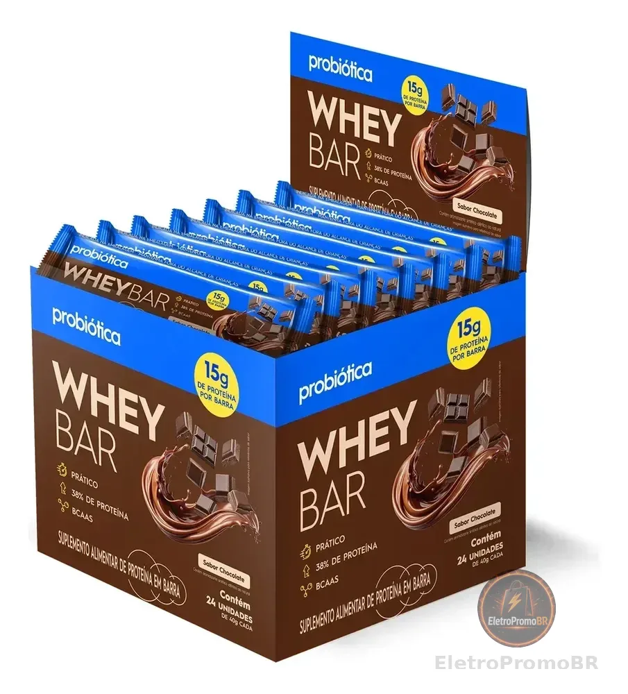 Barra de Proteína 24 Unidades Whey Bar Probiótica Chocolate Alto Proteico
