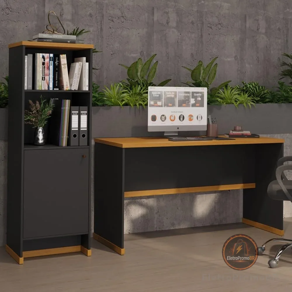 VIA NOSSA - Kit Escritório Mesa e Armário Office Berlin - Vianossa Cor:preto/naturale