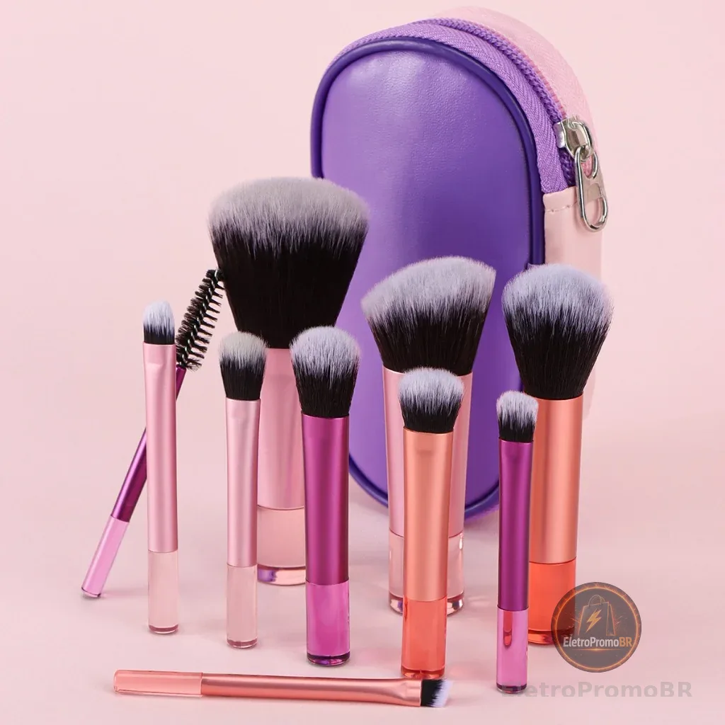 Kit 10 mini pincéis para Maquiagem com estojo bolsa para viagem 024-140