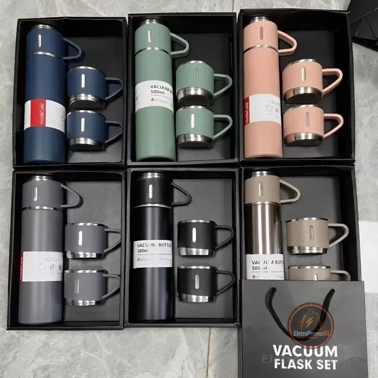 caneca Kit Garrafa Térmica Vacuum Bottle Inox 500ml + 3 Xícaras Bebidas Fria ou Quente