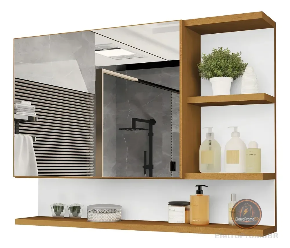 Espelheira Cleopatra de 60" para Banheiro com Espelho e Porta Nature/Branco