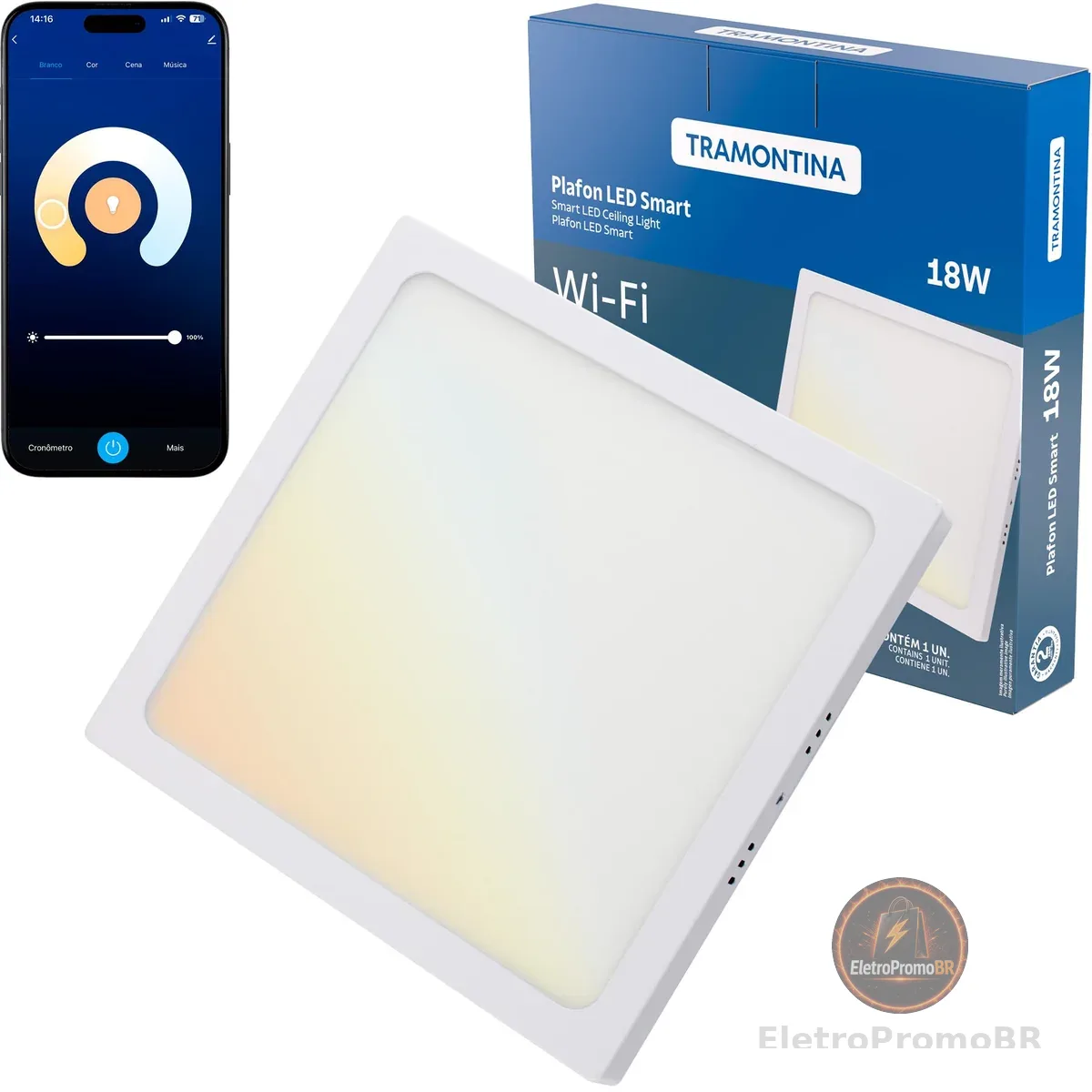 Tramontina Plafon Smart​ LED Quadrado de Sobrepor 18W Inteligente Wi-Fi + Bluetooth​ e função de geolocalização - Compatível com Alexa e Google Assistente