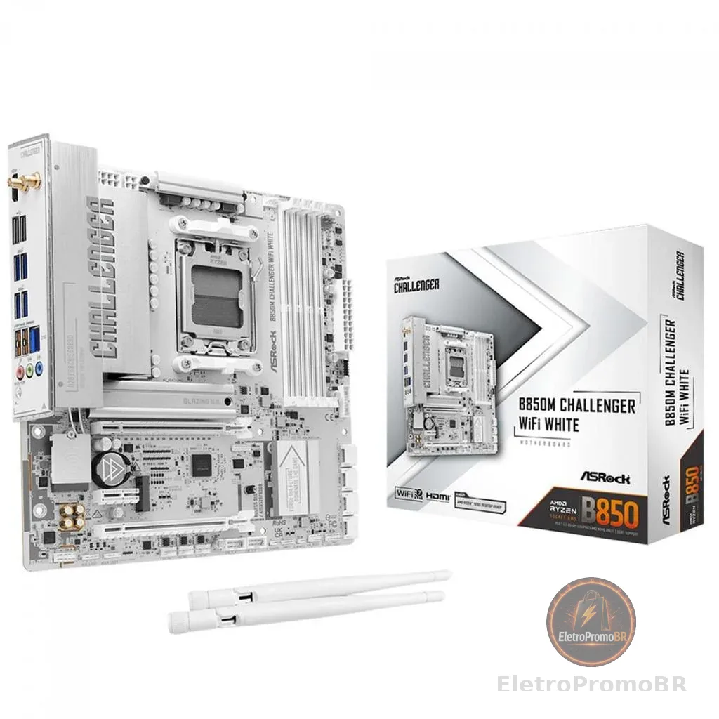 Placa Mãe ASRock B850M Challenger WiFi White, Chipset B850, AMD AM5, mATX, DDR5, Branco