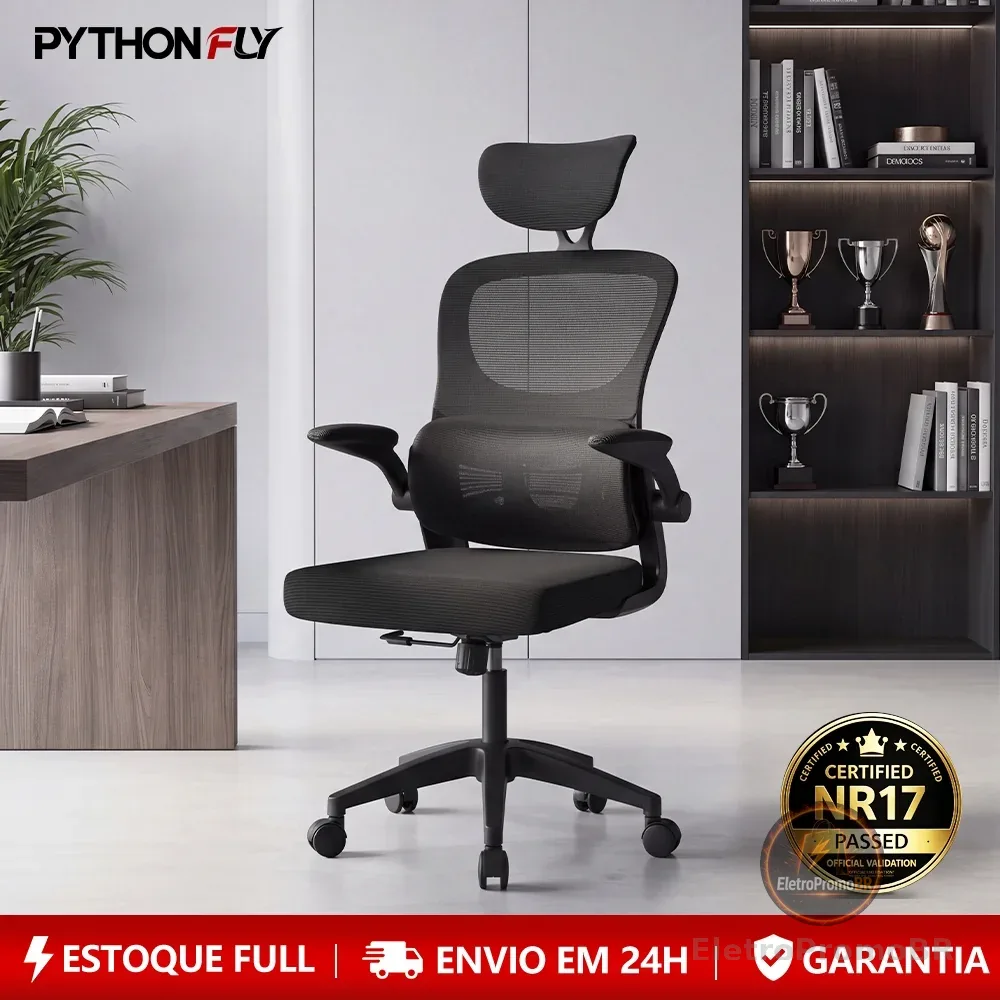 Cadeira de Escritório Ergonômica Com Apoio Lombar e Apoio de Cabeça Cinza com estofado de mesh