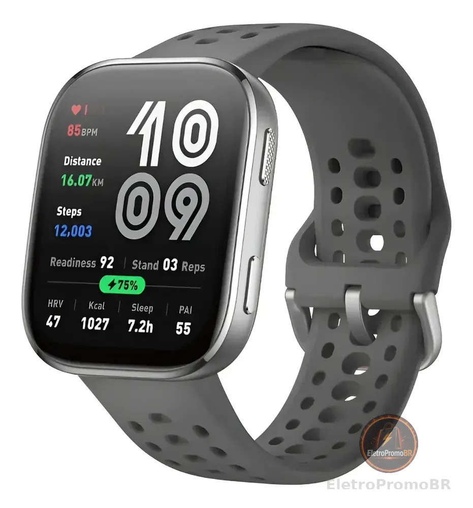 Smartwatch Amazfit Bip 6, GPS e Bluetooth, Resistente à Água, com Pulseira de Silicone Cinza