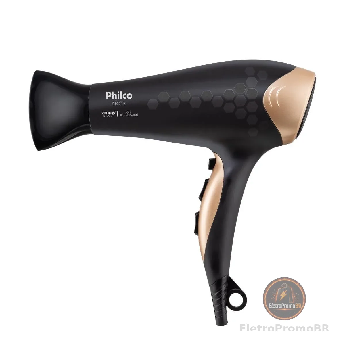 Philco Secador de Cabelos Bivolt 2200W PSC2450 Íons Tourmaline Bivolt Tecnologia iónica e Botão de t Plástico Preto com Dourado