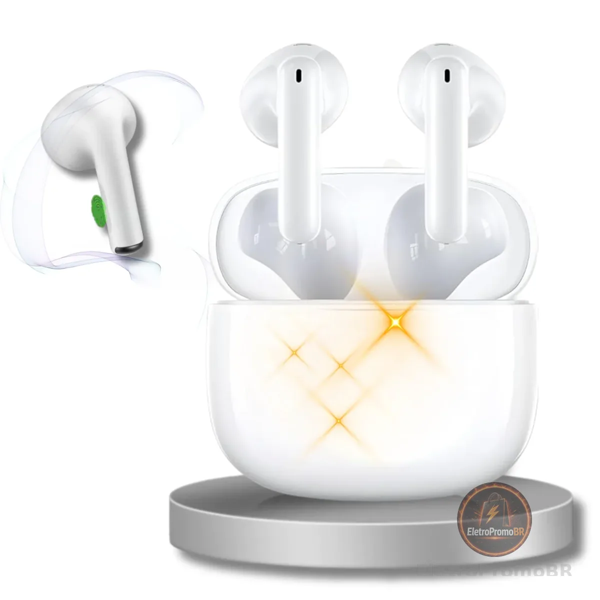Som Hi-Fi Fone De Ouvido Bluetooth, Estéreo TWS Branco, • MTS • Compatível c Todo Celular, Cancelamento Ruído • Bateria longa duração + Case • Microfone Para Chamadas • Controle Touch, Sem fio