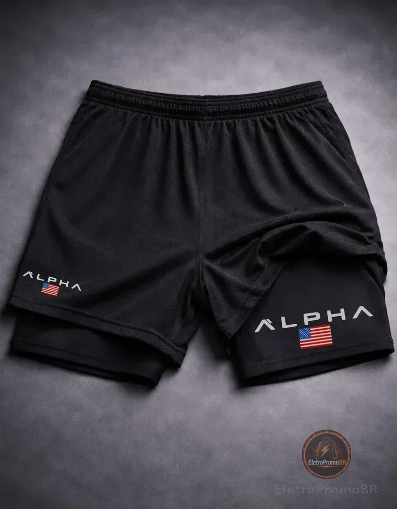 Short Dry Fit Compressão 2 Em 1 Academia Alpha Treino Gym Preto M