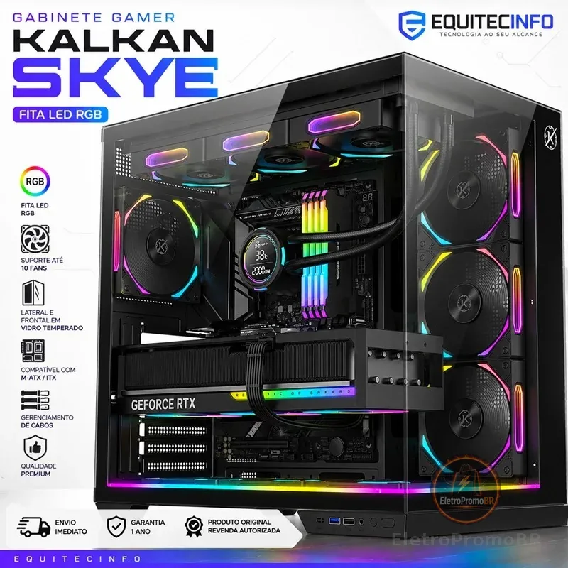 Gabinete Gamer Kalkan Skye RGB Aquário ATX Vidro Temperado Dual Chamber Water Cooler 360mm USB 3.0 Preto KLK00042