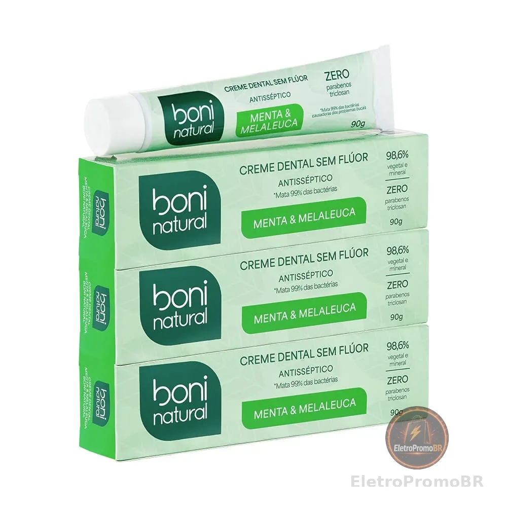 BONI NATURAL - Creme Dental com óleos naturais de Menta e Melaleuca Vegano e Natural, Sem Flúor, Sem Triclosan, 90g, 3 unidades Leve Mais Pague Menos