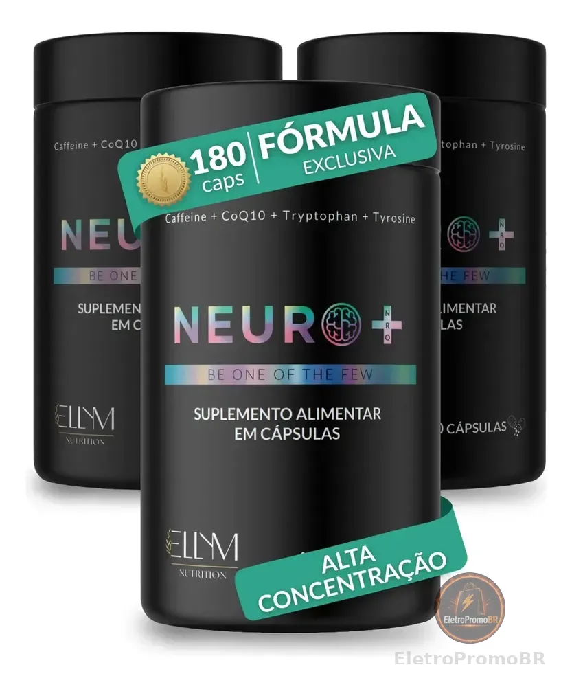 Kit 3 Neuro+ 60 Capsulas Nootropico Energético Foco Cafeina Taurina Magnesio Triptofano Taurina B12 L-Tirosina B3 B9 Memoria Energia Triptofano Vitaminas D Coenzima Q10 Ellym Nutrition