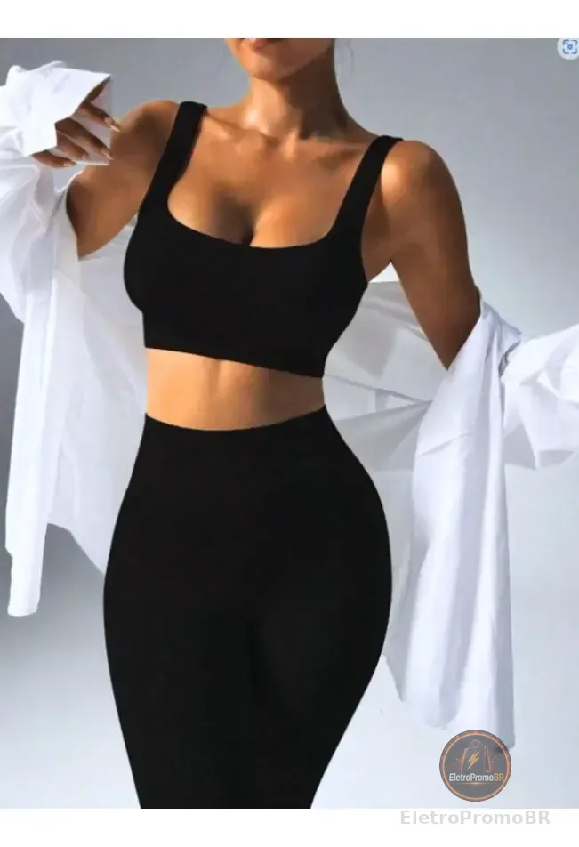 Conjunto Legging + Top Canelado Feminino Fitness  Poliamida