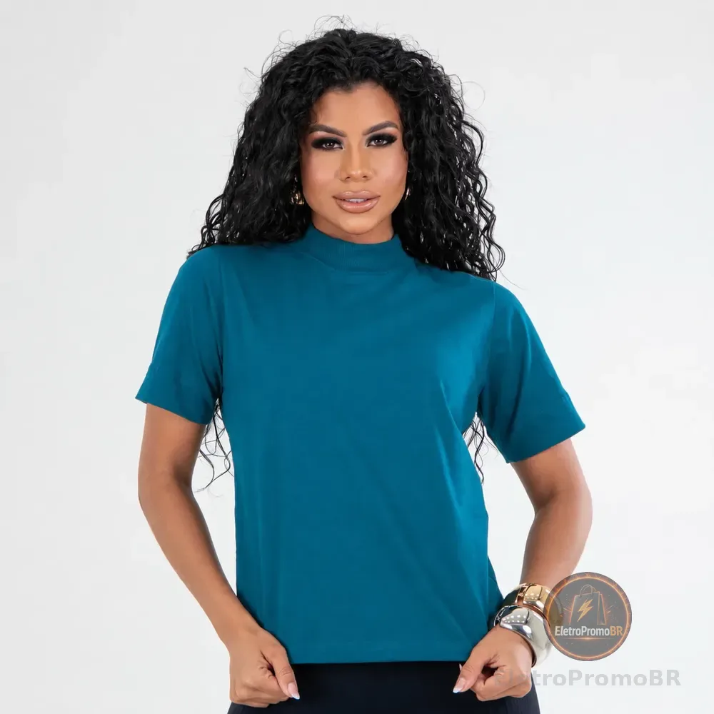 Blusa Feminina Elegante Básica Baby Look Algodão Gola Alta
