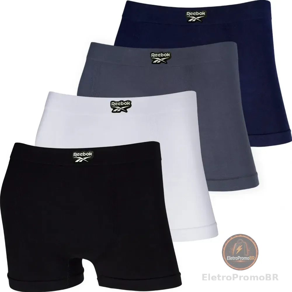 Kit 4 Cuecas Boxer Reebok Algodão Sem Costura Box Premium 1 Preta 1 Branca 1 Cinza 1 Marinho Liso G - 46 A 48