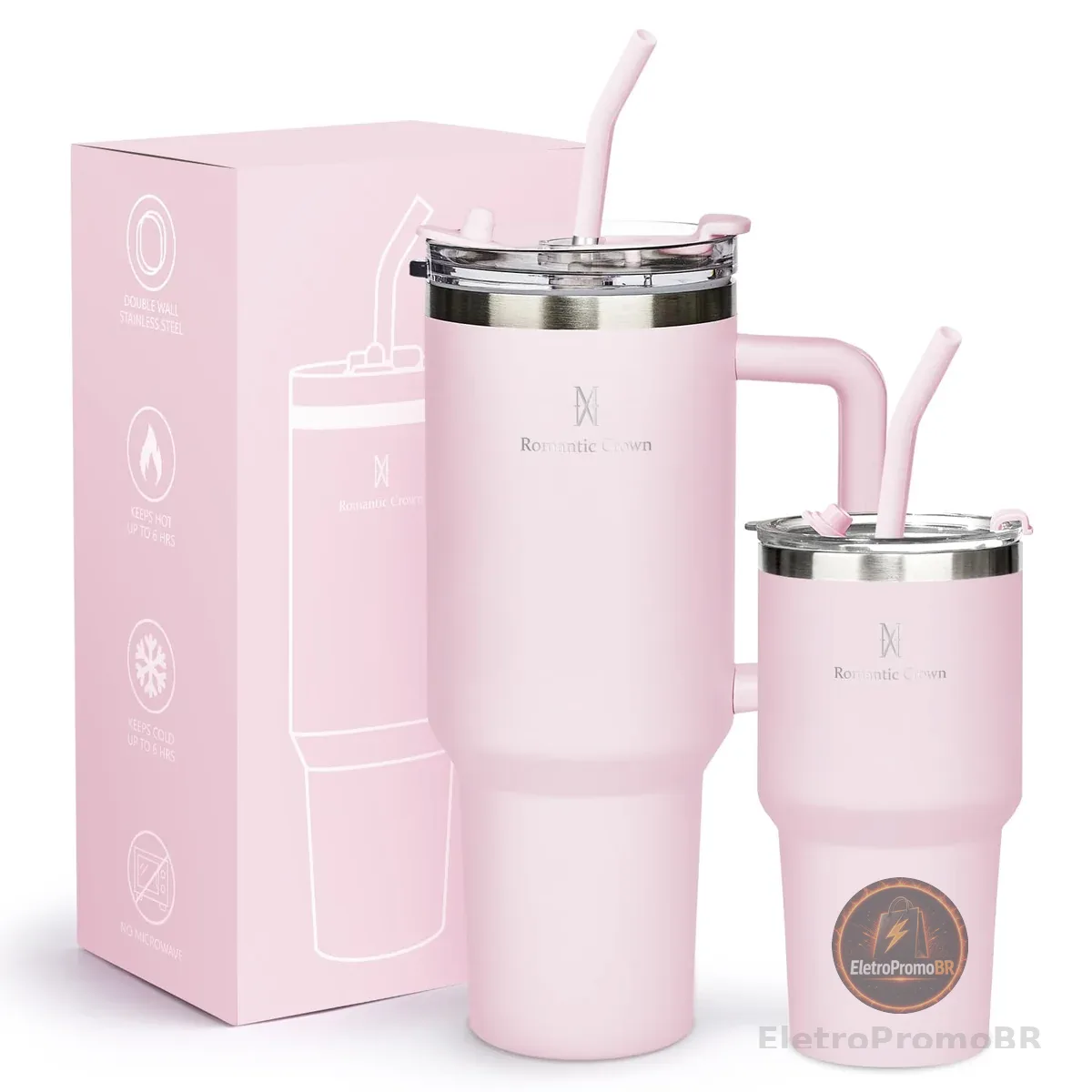 Kit Copos Térmicos 1,18L + 591ml com Canudo, Tampa e Alça, Rosa Claro
