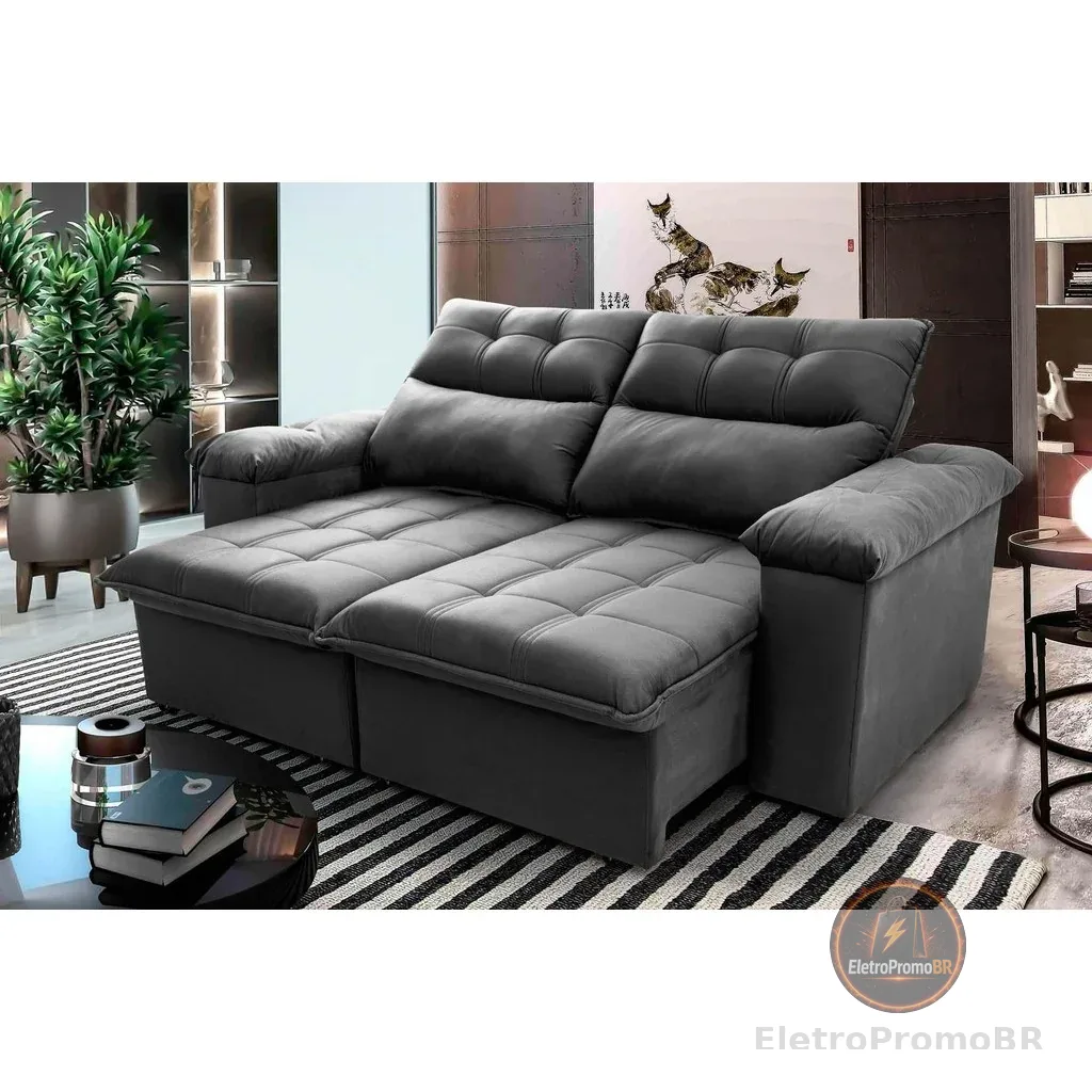 Sofá Retrátil Reclinável Verona 2,00m Suede Velut Cinza  Molas no Assento - King House