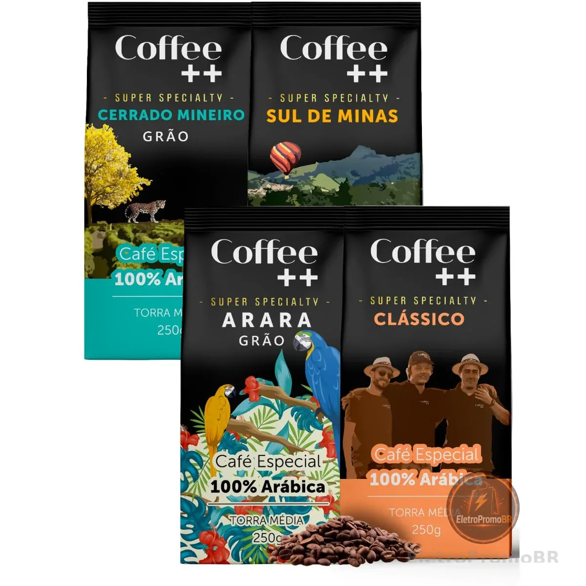 Kit 4 Pacotes Café Especial em Grãos Coffee Mais Variedades: Cerrado Mineiro, Sul de Minas, Arara e Clássico - 100% Arábica (4x250g)