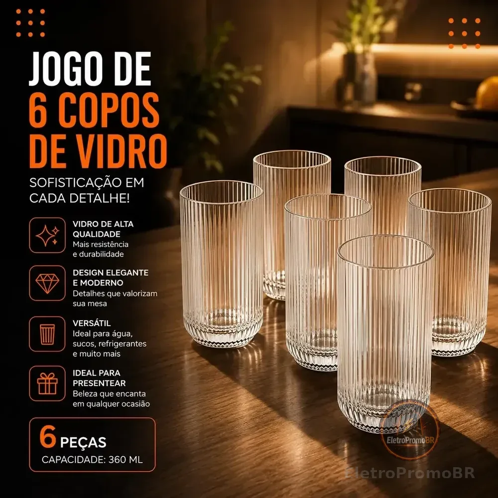 Jogo 6 Copos Vidro Canelado 423ml Moderno Elegante Premium Vinho Água Suco Drinks Gin Whisky Jogo Copos Taça Copo Conjunto Design Luxo Texturizado Cozinha Restaurante Decoração Hold On