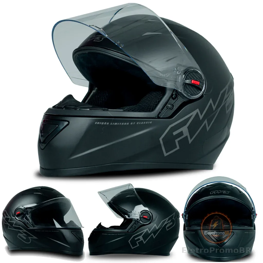 Capacete Fw3 Fechado Gt Classic Preto Fosco Pintado Com Viseira Cristal Diversos Tamanhos 56 58 60 Inmetro- Fw3