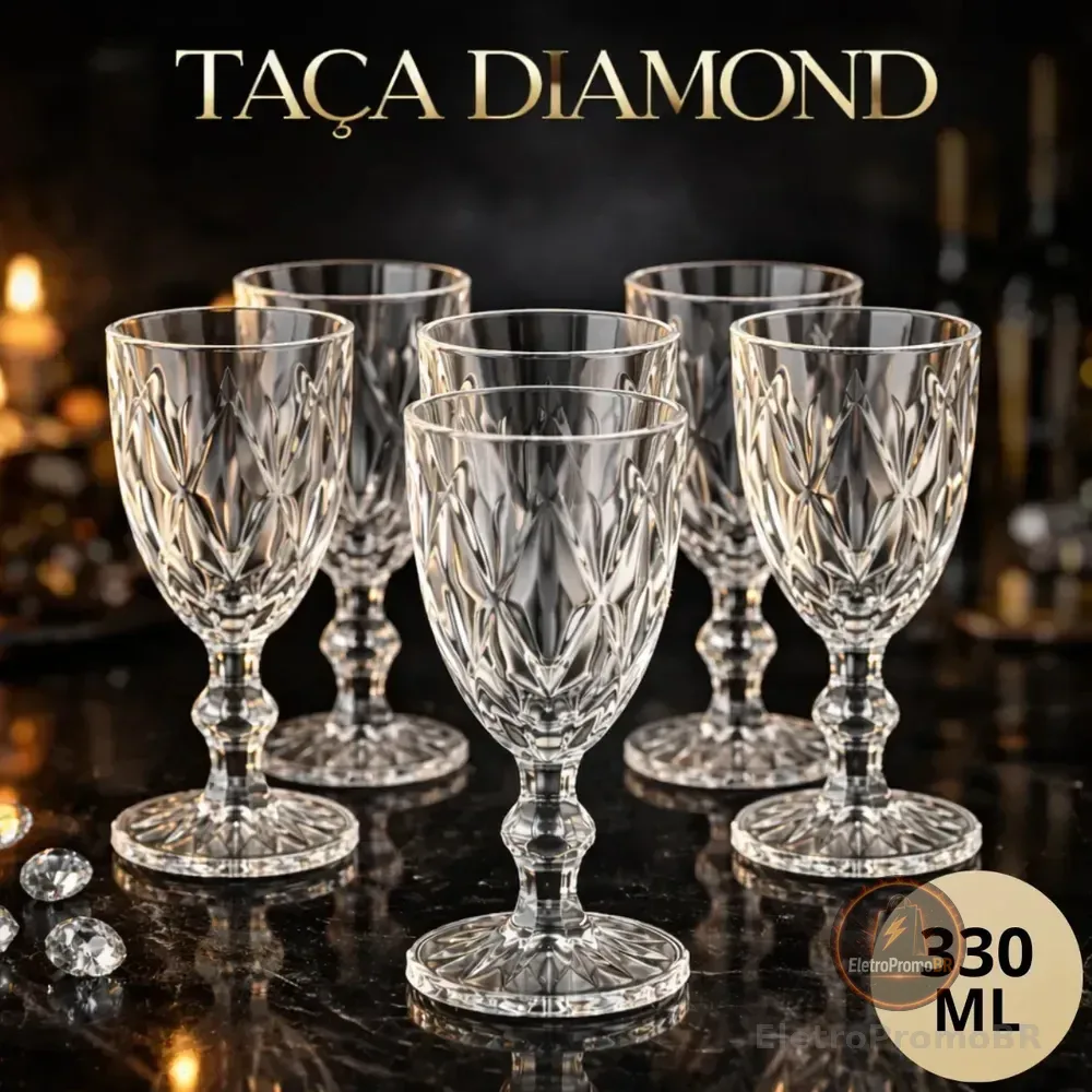 Kit 6 Taças Diamond 330ml Transparente Luxo Vidro Copo Diamante Cristal Suco Agua vinho - Star House