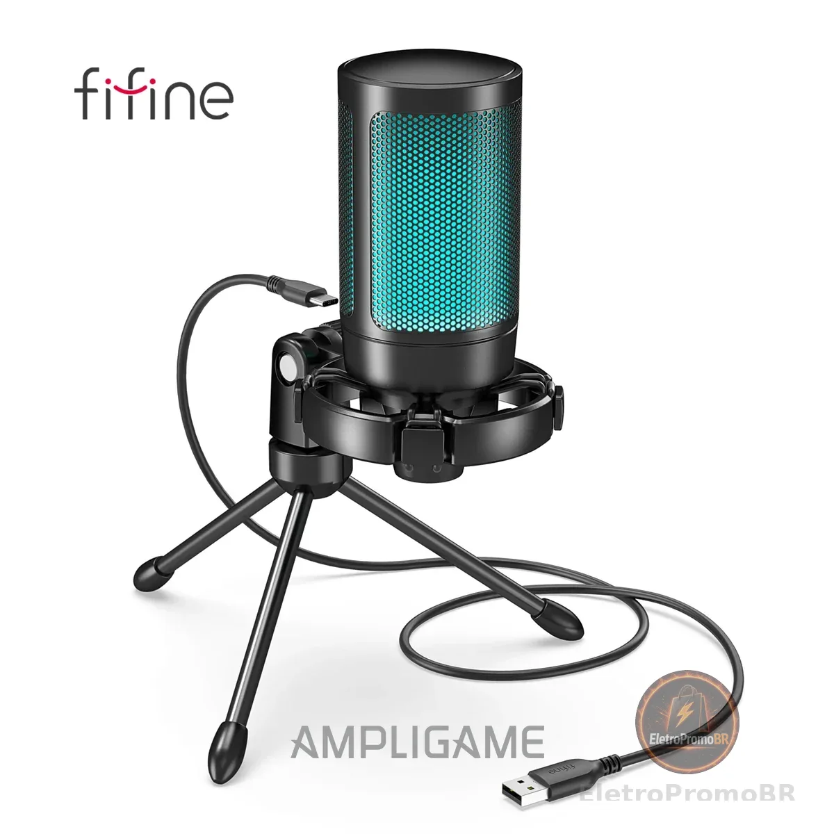 Microfone USB para Jogos FIFINE Ampligame A2 com Tripé para Streaming, Silenciamento por Toque e Iluminação RGB, Plug and Play para PC/PS4/5