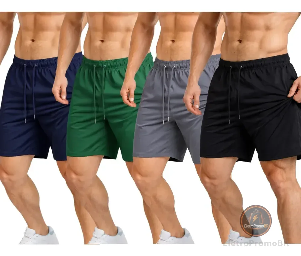 Kit 4 Bermuda Masculina Short Praia Tactel Elastano Academia Preto/verde/cinza/azul-marinho Liso Gg