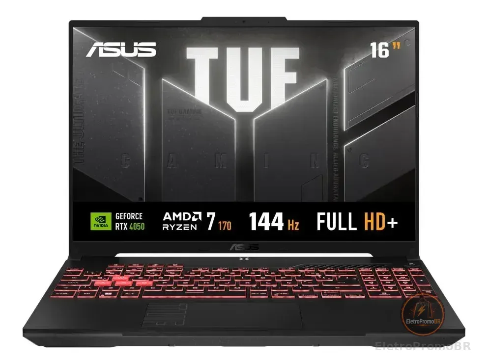Notebook Gamer ASUS TUF Gaming A16, AMD Ryzen 7, RTX 4050, 16GB RAM, 512GB SSD, Linux KeepOS, Tela 16" IPS 144Hz, Mecha Gray - FA607NUQ-RL167