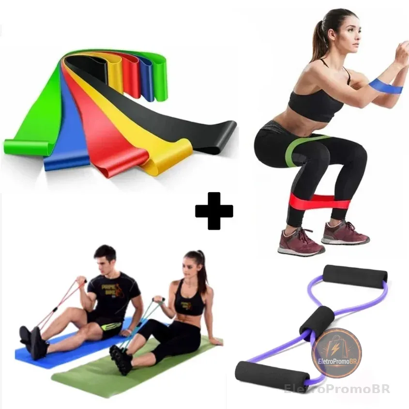 Kit  Elástico de Treino Mini Band + Elástico Tensão Extensor Exercício Treino Funcional Fisioterapia em Casa