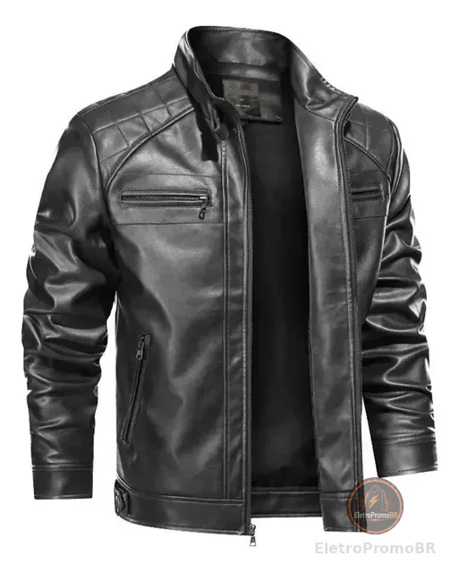 Jaqueta De Couro Masculina Slim Forrada Sem Capuz