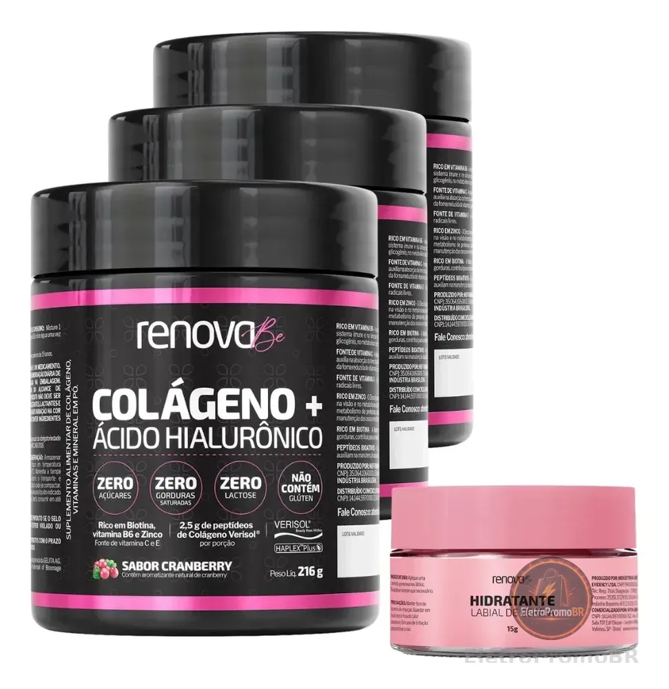 Kit 3x Colágeno Renova Be Verisol Ácido Hialurônico Biotina Cranberry