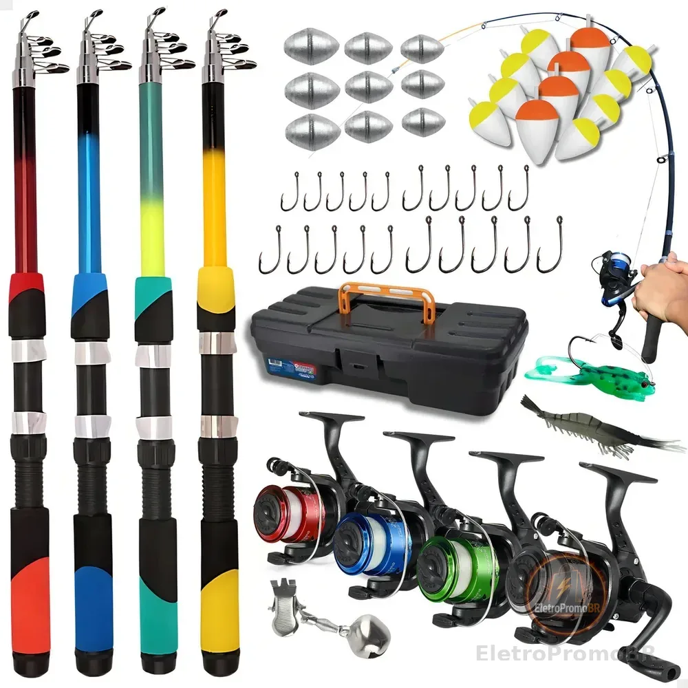 Kit De Pesca Completo Pescamping com 4 Varas Telescópicas, Molinetes e Acessórios