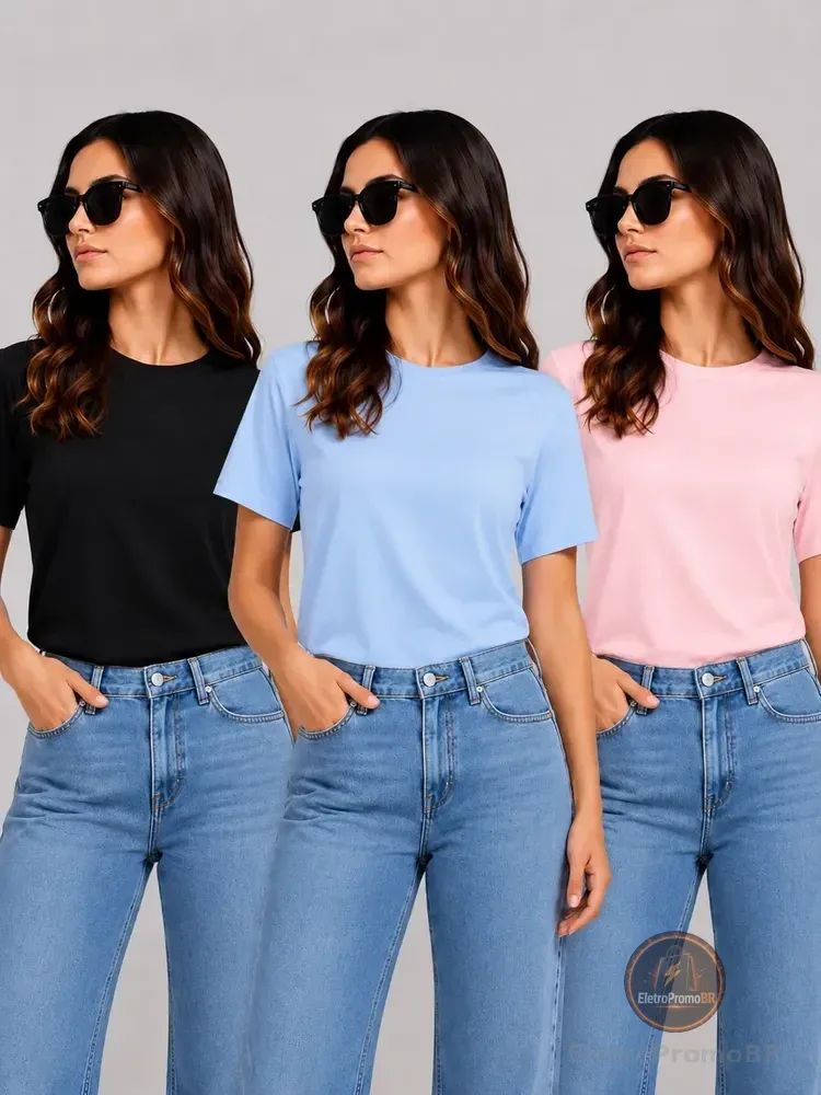 Kit Camiseta T-shit Feminina Malha Peruana Básica Oversized Preto - Azul Bebe - Rosa Claro M Lisa