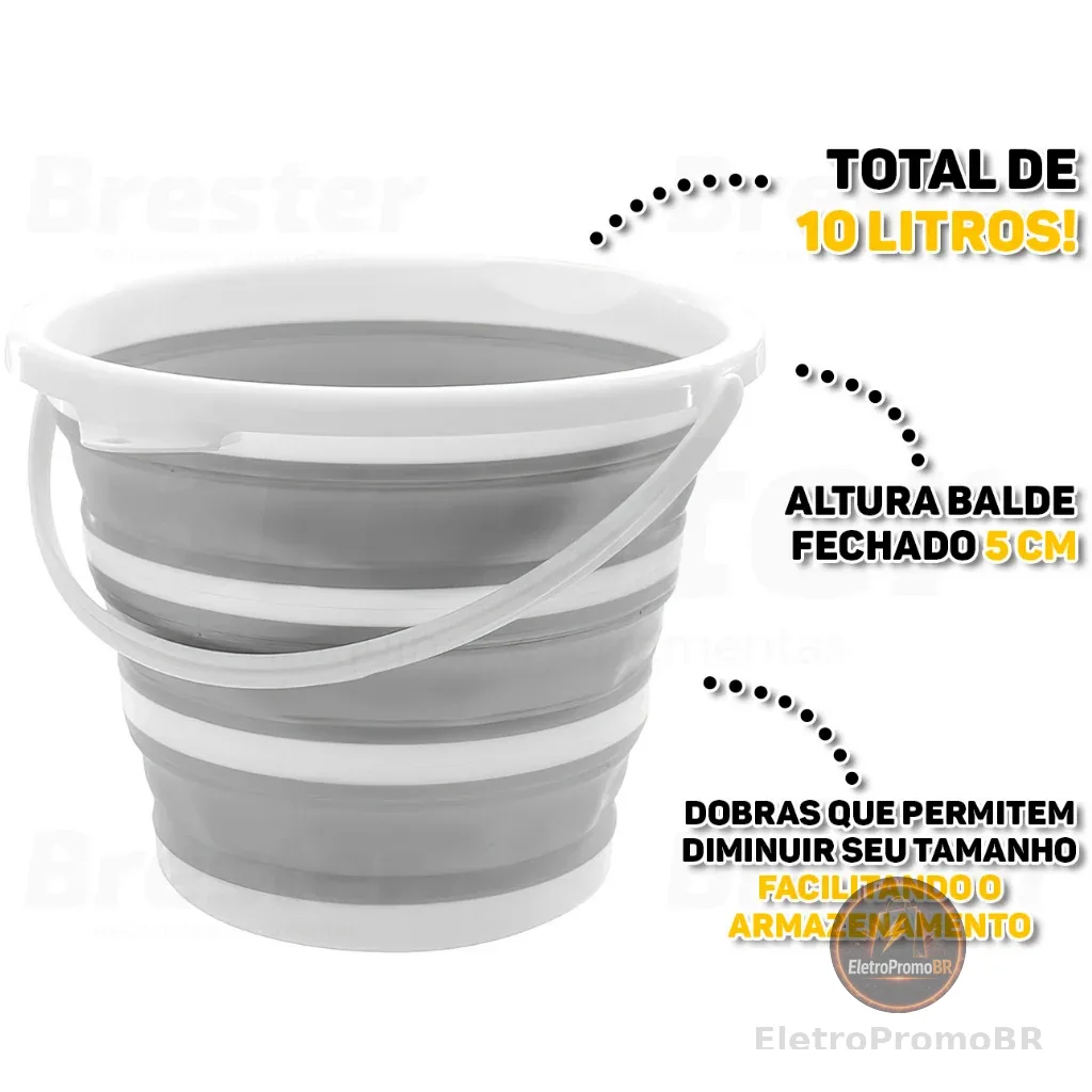Balde Dobrável Retrátil Multiuso 10 Litros Com Alça Gancho Dobra Emborrachada Branco/Cinza Powermaid